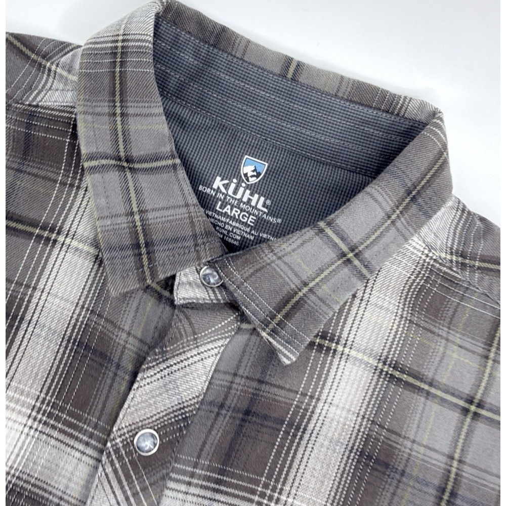 KUHL Lowdown Flannel‎ Shirt Men's Large Gray Pearl Snap Plaid Outdoor
